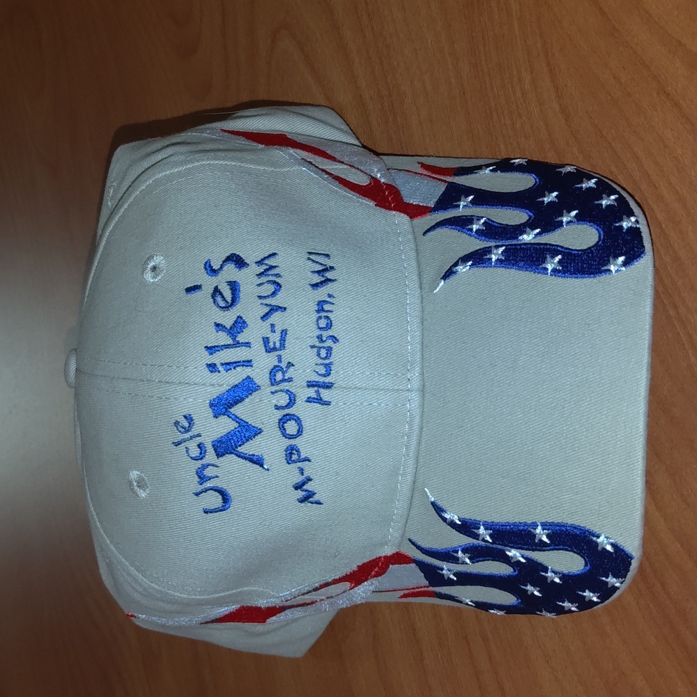 Uncle Mike's M-Pour-E-Yum Hudson, WI Men Flame Flag Embroidered USA Hat Cap